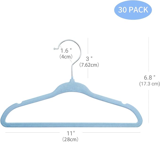 ManGotree Velvet Baby Clothes Hangers, Baby Toddler Kids Hangers with Swivel Hook, Notched Shoulder Design for Kids and Children Clothes (30 Pack, Blue) - Image 2