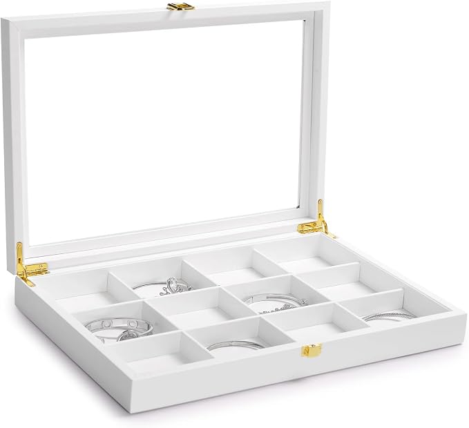 Oirlv White 12 Gird Jewelry Organizer Tray with Acrylic Lid Premium Leather Jewelry Box with Transparent Lid Bracelet Bangle Watch Display Case - Image 2