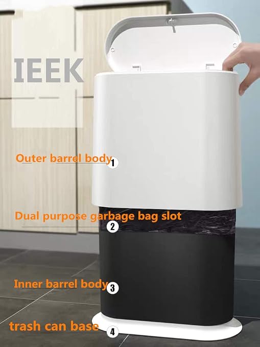 IEEK Slim Plastic Trash Can with Press Top Lid,2.4 Gallon/10 Liter Garbage Can Modern Waste Basket for Bathroom,Living Room,Office,Kitchen and Narrow Spaces,Grey - Image 4