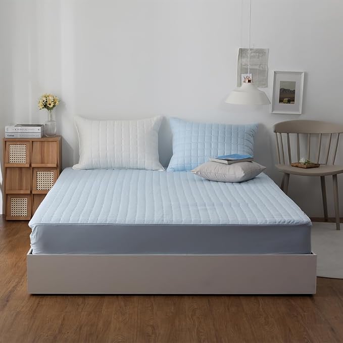 Quilted 100% Cotton Mattress Cover – 6 Colors, Machine Washable, Breathable & Stretchy, Fits up to 16-Inch Deep, Twin/Full/Queen/King (Blue, Queen)