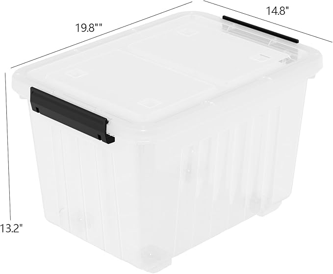 4-Pack 50 Quart Plastic Storage Bin Box Organizing Container with Lid and Secure Latching Buckles, Stackable Wheeled Box, Clear