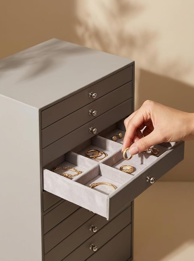 GUKA Large Jewelry Box, Jewelry Case with 10 Drawers for Big and Small Jewelry, Jewelry Storage Organizer for Watch Earrings Necklace Rings Bracelets, Birthday Wedding Gifts, Grey - Image 2