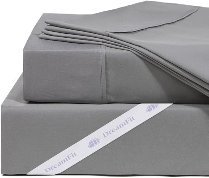 DreamFit DreamCool 100% Pima Cotton Luxury Queen Sheets Set with Elastic Corner Straps and Extra Deep Pockets - Crafted in USA - Gray