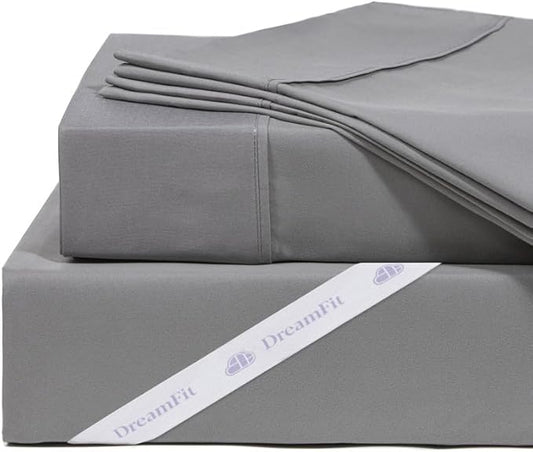 DreamFit DreamCool 100% Pima Cotton Luxury Queen Sheets Set with Elastic Corner Straps and Extra Deep Pockets - Crafted in USA - Gray