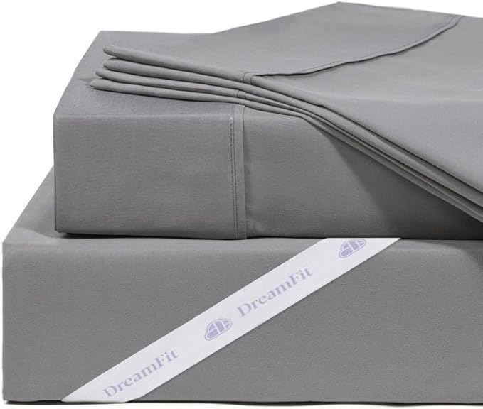 DreamFit DreamCool 100% Pima Cotton Sheets with Elastic Corner Straps 20 in Crafted in USA Bedding Guaranteed to Stay On for Adjustable Bed Luxury Sheet Split Head Queen Sheets Set Gray
