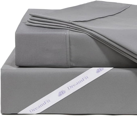 DreamFit DreamCool 100% Pima Cotton Sheets with Elastic Corner Straps 20 in Crafted in USA Bedding Guaranteed to Stay On for Adjustable Bed Luxury Sheet Split Head Queen Sheets Set Gray