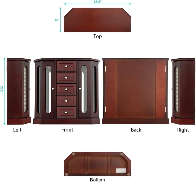 RR ROUND RICH DESIGN Jewelry Box - Made of Solid Wood with Cabinet Type 5 Drawers Organizer and 2 Separated Open Doors on 2 Sides and Large Mirror Brown - Image 5