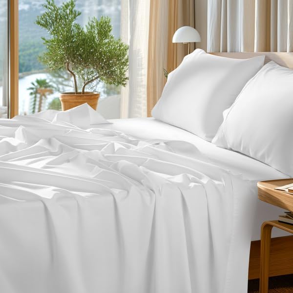 SONORO KATE 100% Egyptian Cotton Sheets Set - 1000 High Thread Count, Luxury 5-Star Hotel Sateen Bed Sheets, Soft, Breathable Long Staple Sheets, Fit up to 16" - 4 PC (White,Full)