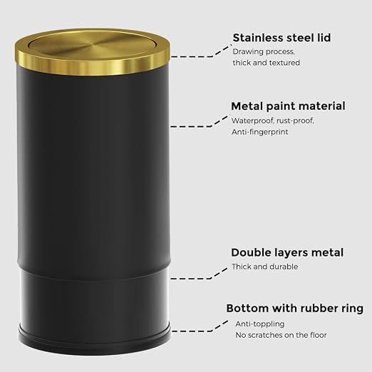 Brushed Brass Garbage can,Bathroom Trash can with lid，Modern Small Trash Can with Flipping Lid, 9 L,Garbage cans for Bathroom, Kitchen,Bedroom, Metallic Gold (Black（Double）) - Image 5