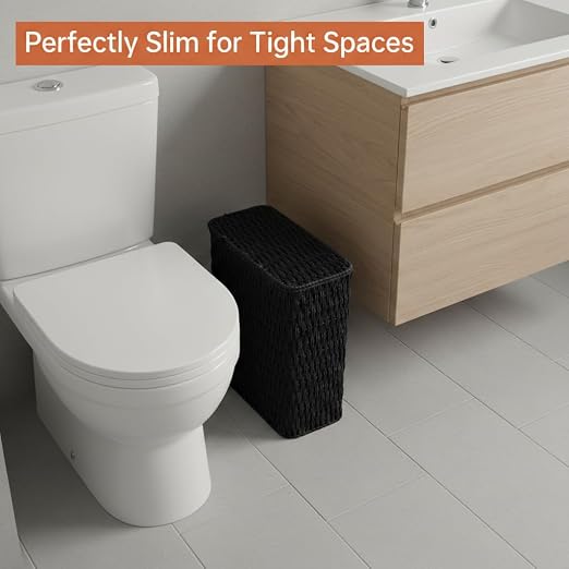 Coeusy 3 Gallon Paper Rope Bathroom Trash Can,Small Wicker Trash Cans with Lid and Liner,Woven Rattan Narrow Waste Basket for Bedroom,Office,Black - Image 2