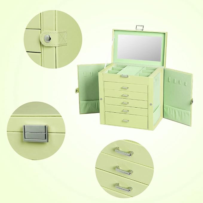 Frebeauty Large Jewelry Box,6-Tier PU Leather Jewelry Organizer with Lock,Multi-functional Storage Case with Mirror,Accessories Holder with 5 Drawers for Necklace Bracelets Watches - Image 4