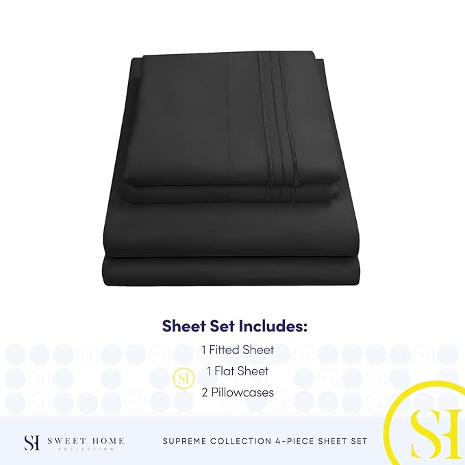 Split King Sheets - Breathable Luxury Sheets with Full Elastic & Secure Corner Straps Built In - 1800 Supreme Collection Extra Soft Deep Pocket Bedding Set, Sheet Set, Split King Size, Black