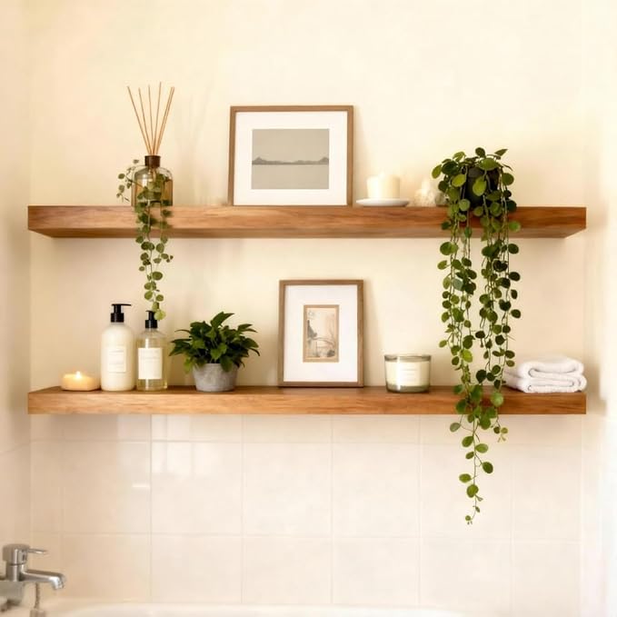 ROGMARS 36 Inches Long Walnut Floating Shelves,Rustic Solid Wood Farmhouse Wall Shelves with Invisible Brackets for Bathroom, Living Room, Bedroom, Kitchen Set of 2 - Image 7