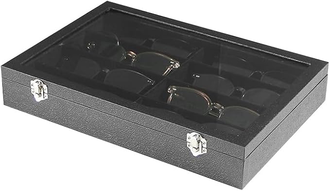 Coward Sunglass Organizer Tray Box, Black Velvet Grids Eyeglasses Display Tray Case with Transparent Glass Lid for Home Use or Store Shop Selling Show - Image 2
