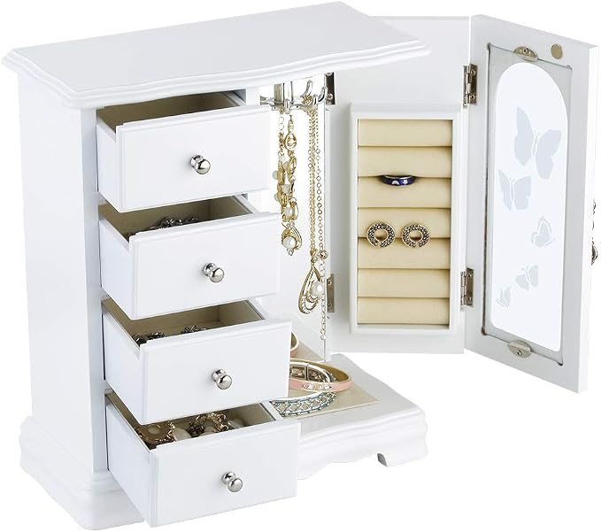 RR ROUND RICH DESIGN Jewelry Box - Made of Solid Wood with 4 Drawers Organizer and Built-in Necklace Carousel and Large Mirror White - Image 2