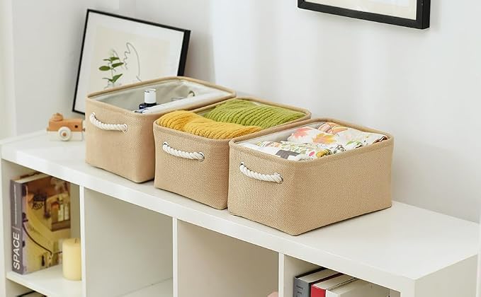 TheWarmHome Storage Bins for Shelves - Medium 3Pack 13.8L*9.8W*6.7H inch Canves Storage Basket for Organizing, Fabric Storage with Handles for Clothes Baby Dog Toys(Beige) - Image 3