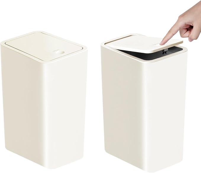 TIPGO Bathroom Trash Can with Lid, 10 Liter/ 2.6 Gallon Slim Garbage Can, Small Trash Bin Waste Basket with Pop-Up Lid for Kitchen, Bedroom, Living Room, Office (2 Pack, White) by TIPGO