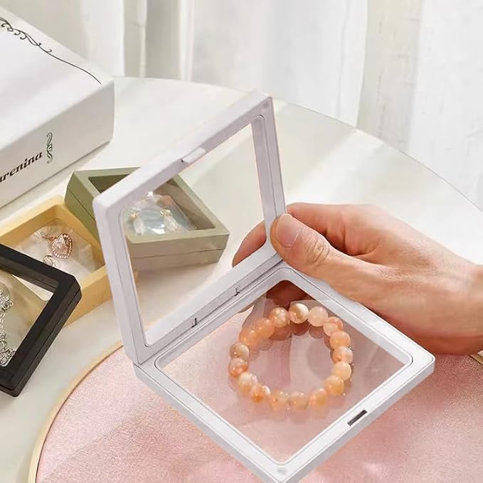 12PCS 3D Floating Frame Display Stand, Jewelry Box, Gift Box, Ornament Organizer, Small Travel Jewelry Box, PE Film Anti-Oxidation, Suspended Display Box Stackable (White, 3.54 * 3.54) - Image 3