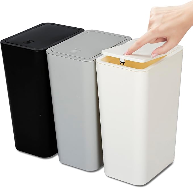 N. NETDOT 3 Pack 10L/2.6 Gal Bathroom Trash Can with Lid, Trash Bin with Press Lid, Small Trash Can/Slim Garbage Cans/Waste Basket for Bathroom,Kitchen,Office,Bedroom - Black,Gray,Off White by NNETDOT