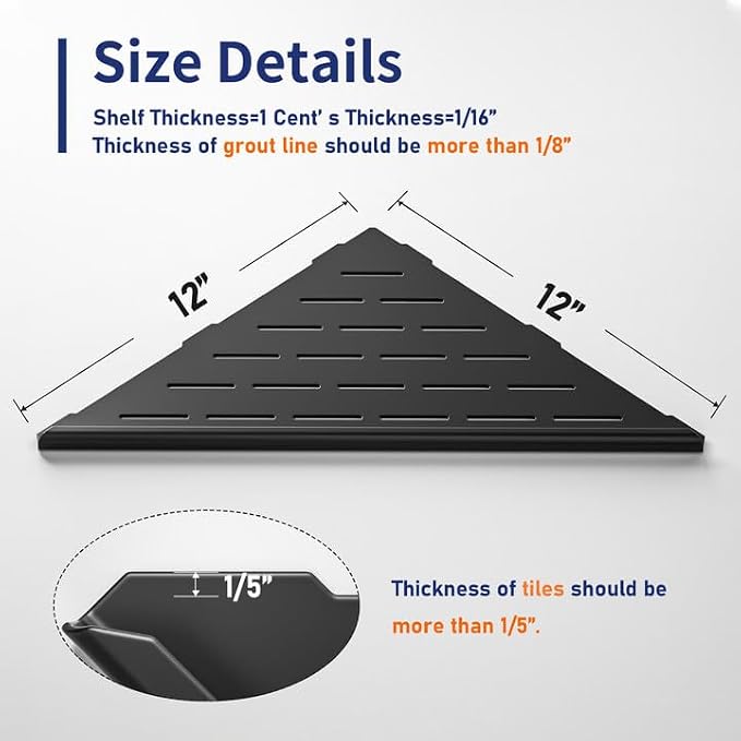 Corner Shower Shelf, 12" Matte Black 304 Stainless Steel Slot Design Recessed Corner Shelves 2 Pack Bathroom Grout in Shelf for Tiled Wall, Large Size - Image 2
