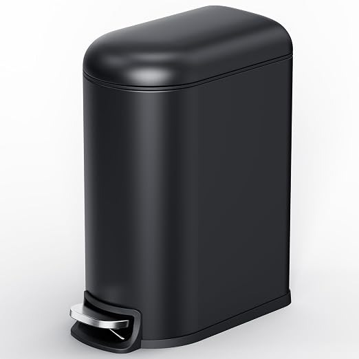 CEROELDA Small Bathroom Trash Can with Lid Soft Close, 5L/1.3 Gallon Stainless Steel Slim Garbage Can, Metal Waste Basket with Step Pedal, for Office, Bedroom, Toilet, Dorm Room (Black, 1.3 Gallon) by WelcometoCEROELDA