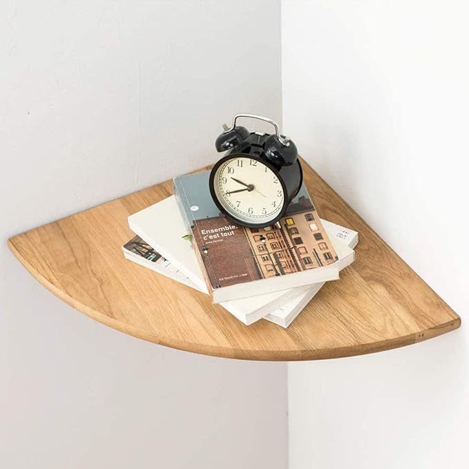 Corner Shelf,16inch Natural Oak Solid Wood Floating Corner Shelves Wall Mount Round End Floating Speaker Rack with Wire Hole for Small Plant for Bedroom Kitchen, Living Room by Coamily