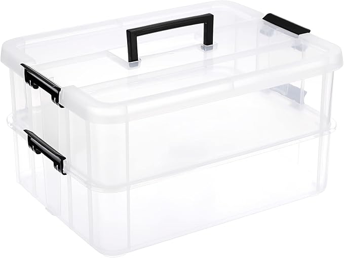 JUXYES 2-Tiers Stack Carry Storage Box With Handle, Transparent Stackable Storage Bin With Handle Lid Latching Storage Container for School & Office Supplies by JUXYES