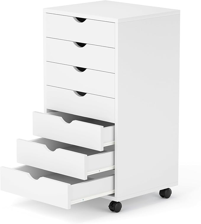 7 Drawer Mobile File Cabinet Under Desk Storage Organization with Wheels Vertical Filing Chest Rolling Wood Small Desk Printer Stand for Home Office, White by ALPEN