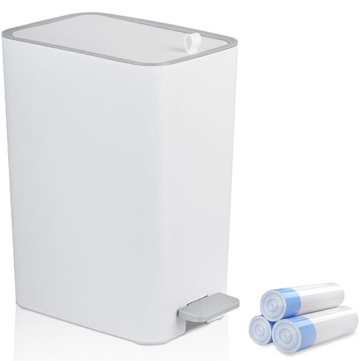 rejomiik Small Bathroom Trash Can with Lid, 3.2 Gallon Step Garbage Can with Handle, Slim Mini Wastebasket Bin for Bedroom, Office, Dorm, White by rejomiik