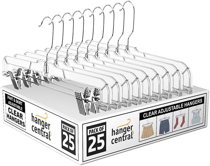 Hanger Central Premium 14 Inch Clear Pants Hangers with Adjustable Clips - 25 Pack Space-Saving Skirt Hangers - Non-Slip Heavy Duty Plastic Closet Organizers with 360° Swivel Hook by HangerCentral