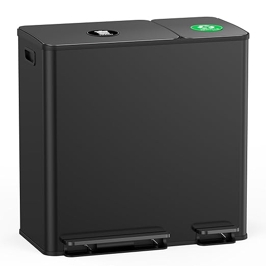 Lovewind Dual Trash and Recycling Bins for Kitchen, 13+6 Gallon Stainless Steel Garbage and Recycle Bin Combo for Large Families, Dual Trash Can with Soft Close Lid & Magnetic Stickers, Black by LOVEWIND