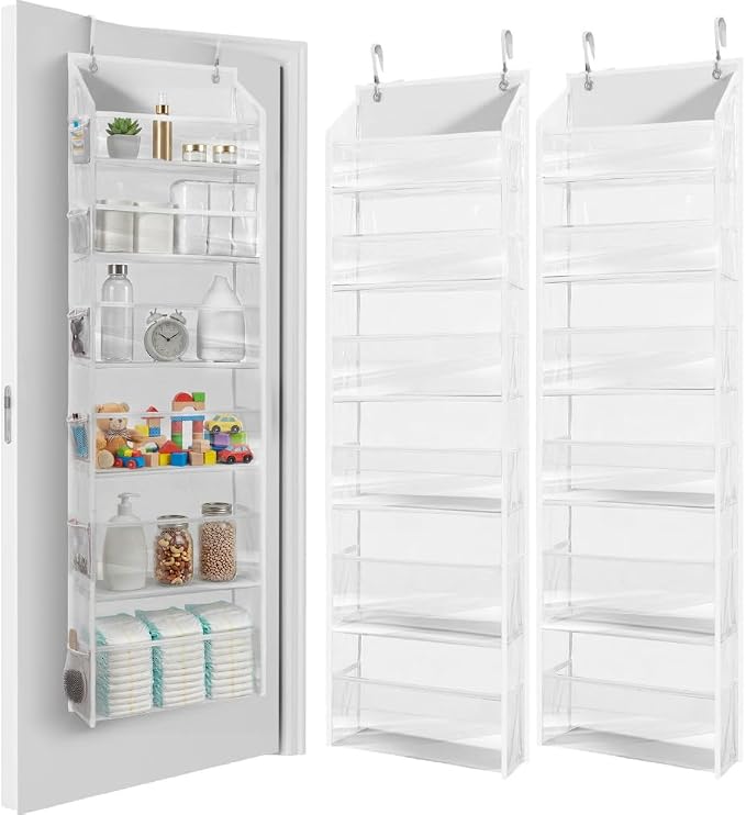 HOMELUX THEORY UPGRADED 6 Tiers Over The Door Organizer Hanging - 100D EXTRA THICK & 50lbs HUGE CAPACITY, 12 Side Mesh Pockets Over The Door Shoe Organizer, Hanging Closet Organizer (Transparent, 2pc) by HomeluxTheory