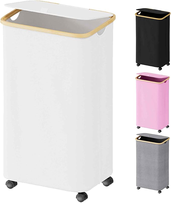 SUOCO Laundry Hamper on Wheels 100L, Clothes Basket with Lid and Bamboo Handles, Foldable Laundry Hamper for Bedroom, Bathroom, Dorm, Laundry Room - White by SUOCO