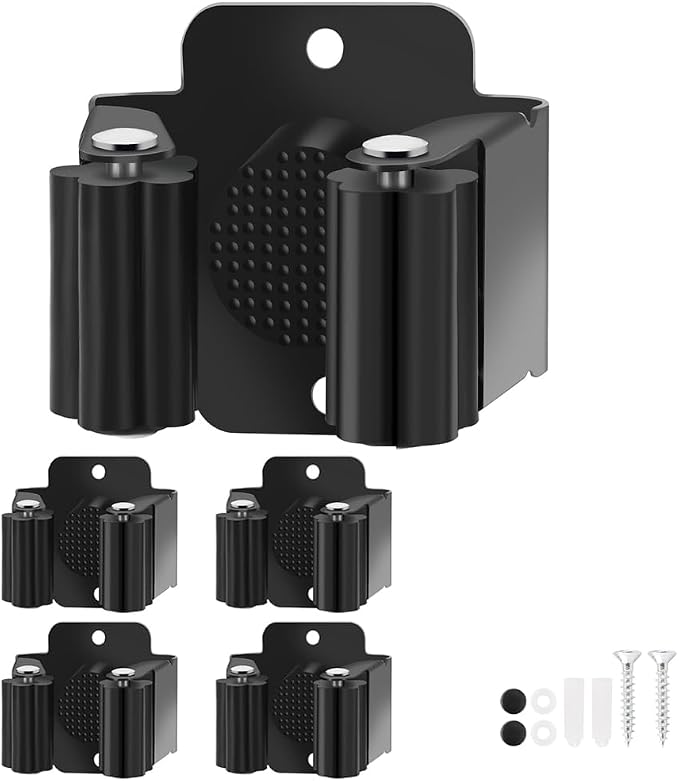 Broom Holder Wall Mount, 4PCS Broom Hanger Wall Mount, Stainless Steel Heavy Duty Mop Holder Broom Mop Hanger Wall with Screws, Garden Outdoor Tool Organizer Rack Broom Hanger (Black) by Yiows