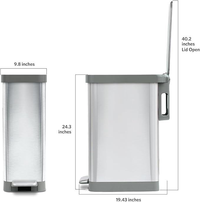 Glad Slim Trash Can with Clorox Odor Protection - Narrow Kitchen Garbage Bin with Soft Close Lid, Step On Foot Pedal and Waste Bag Roll Holder, All Stainless, 12 Gallon/45 Liter - Image 4