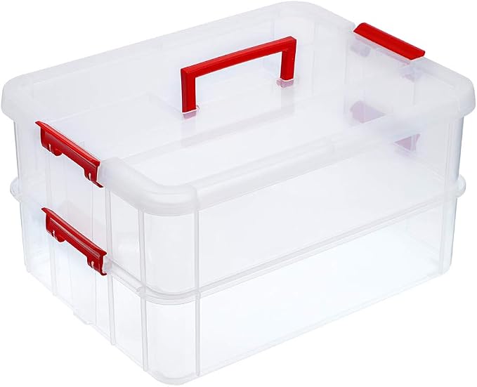 JUXYES 2-Tiers Stack Carry Storage Box With Handle, Transparent Stackable Storage Bin With Handle Lid Latching Storage Container for School & Office Supplies (Red) by JUXYES
