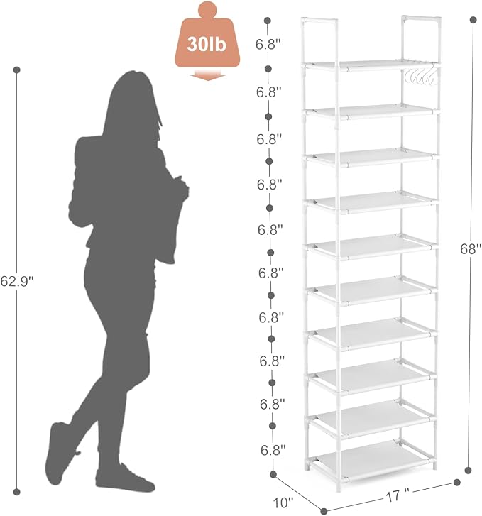 LANTEFUL 10 Tiers Tall Shoe Rack 20-25 Pairs Boots Organizer Storage Sturdy Narrow Shoe Shelf for Entryway, Closets with Hooks, White - Image 3