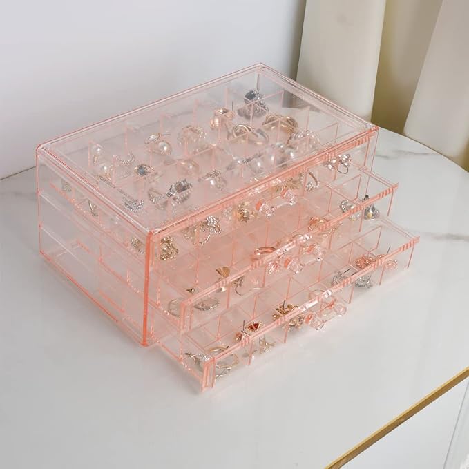 YUFONG Earring Storage Box Organizer 3 Drawers Acrylic Jewelry Storage Box Holder Transparent Jewelry Display Stand with 72 Small Compartments Gift for Women Girls (Clear Pink) - Image 2