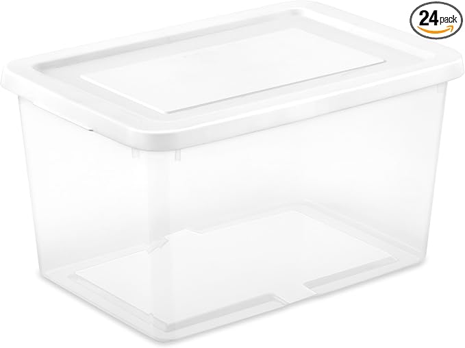 Sterilite 24 Pack Storage Box, 20 Quart Stackable Tote, Clear Plastic Container with Secure Snapping Lids for Home and Office Organization, White by Sterilite