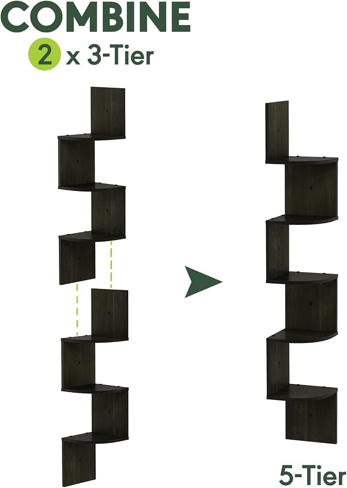 Furinno Rossi Wall Mount Floating Corner Shelf, 3-Tier Radial Set of 2, Espresso - Image 5