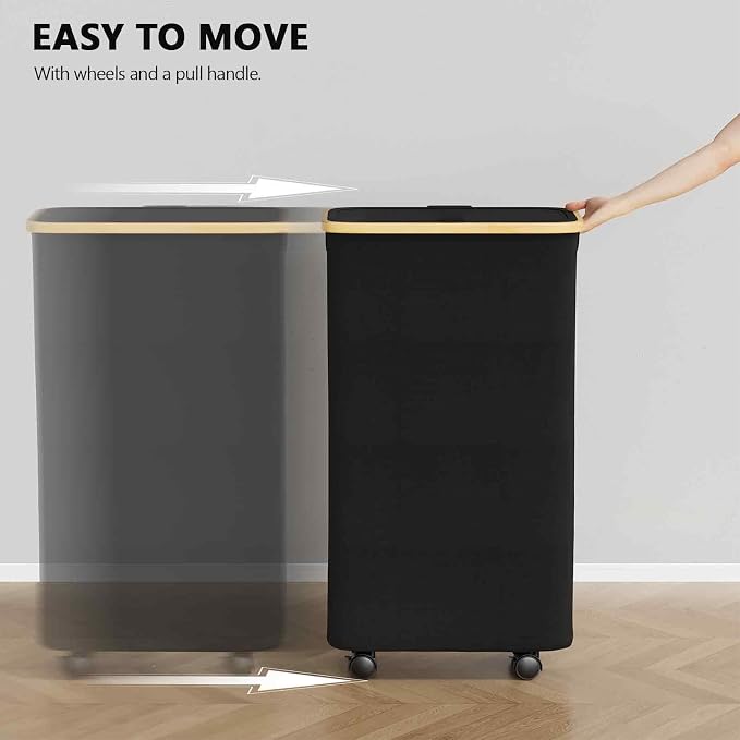 SpaceAid Slim Laundry Hamper with Wheels and Lid,62L Rolling Narrow Clothes Basket with Bamboo Handle, Large Laundry Hamper for Bedroom, Bathroom, Dorm, Laundry Room - Black - Image 9