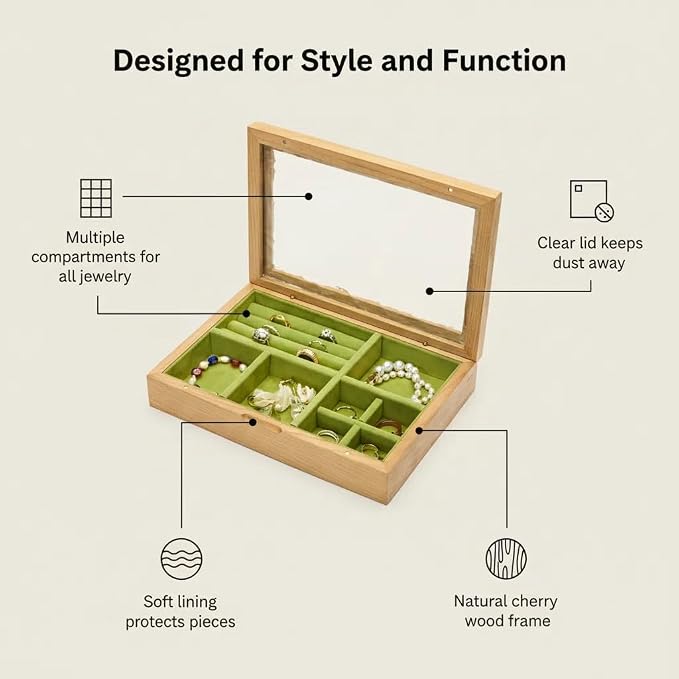 pandapark Wooden Jewelry Box with Glass Lid, Multi-Compartment Storage Display Case, Walnut Brown (Green Cherry) - Image 2