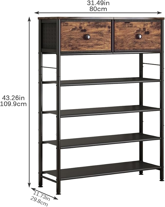 INGIORDAR Shoe Rack Organizer 5 Tier Metal Organizer Shelf with Industrial MDF Board and Layer Fabric for Entryway Closet Bedroom Living Room Garage (Black+Rustic Brown, 5 Tier with 2 Drawers) - Image 3