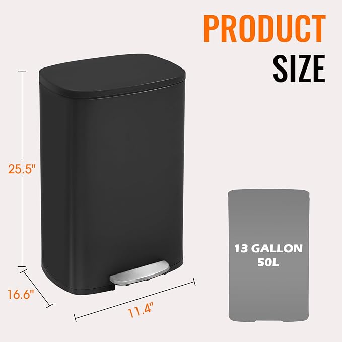 Kitchen Trash Can with Lid for Office Bedroom Bathroom Step Trash Bin Fingerprint-Proof Garbage Bin Brushed Stainless Steel 13 Gallon (Black) - Image 7