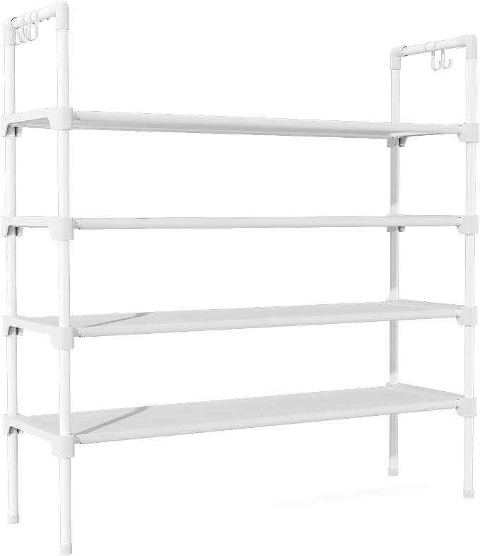 LANTEFUL 4 Tier Shoe Rack for Closet Shoe Organizer with 5 Hooks, Long Shoe Shelf Storage for Shoe and Boot Stackable Free Standing Shoe Rack for Entryway, Garage, Small Spaces, Dorm, White - Image 8