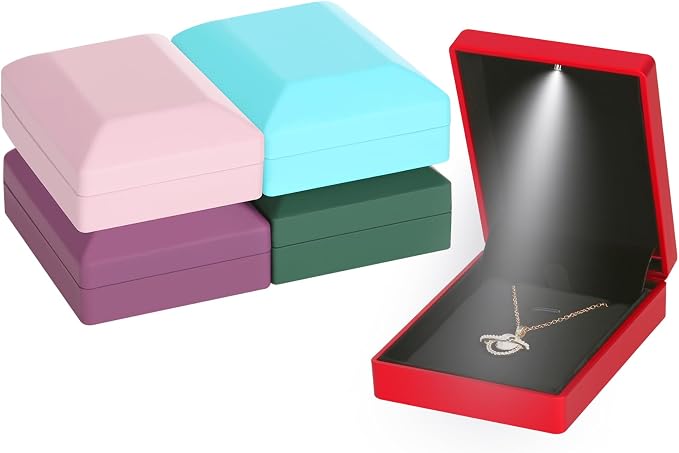 LED Light Pendant Necklace Gift Box, Velvet Jewelry Storage Display Case for Proposal Engagement Wedding Anniversary Birthday Valentine's Day (Red) - Image 6