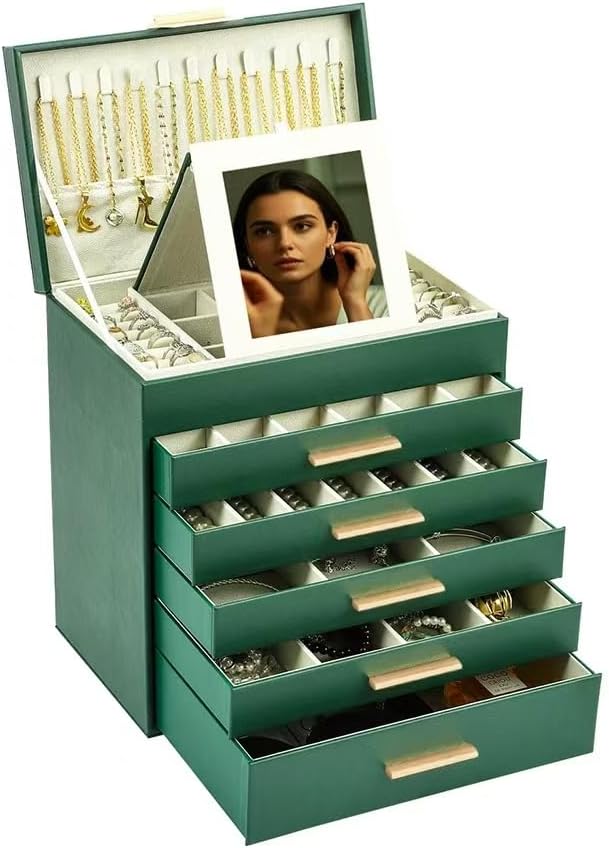 BOOVO Jewelry Boxes for Women, White and Black 6 Layer Large Jewelry Box for Necklace, Bracelet, Earrings, Rings Storage, Jewelry holder Organizer for Girls Gift (Green and Gold, 6 layer) by BOOVO