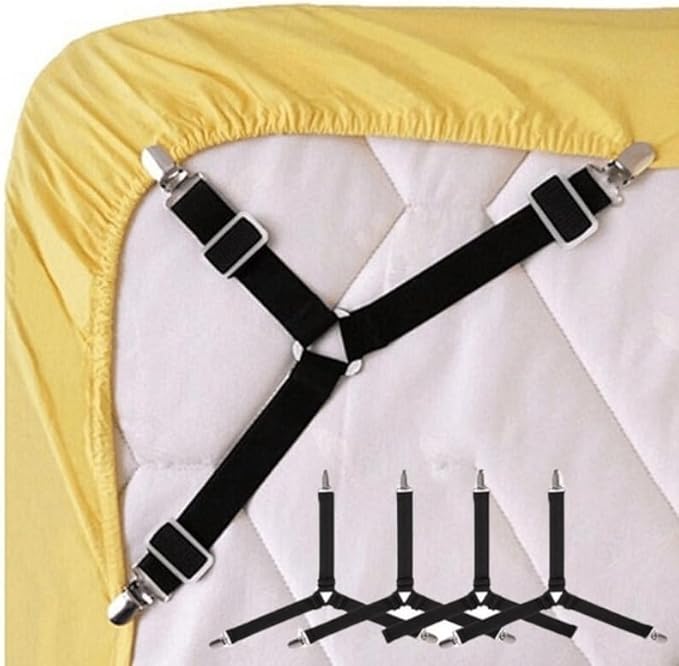 Bed Sheet Fasteners – Adjustable Elastic Mattress Suspenders & Corner Straps, Bed Sheet Gripper Clips for Fitted Sheets, Mattress Covers & Pads, Triangle Black Set of 4