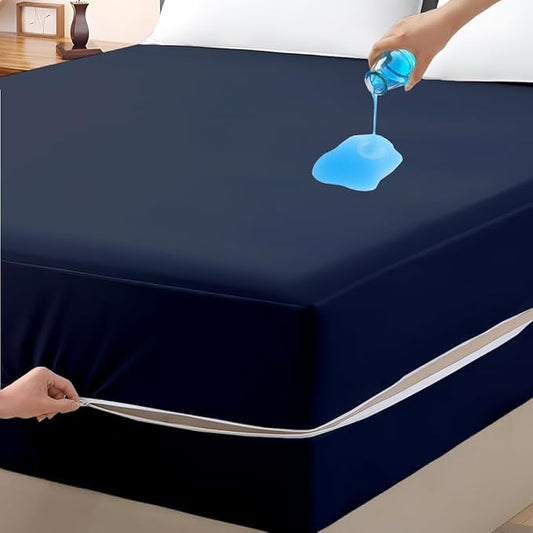 Mattress Protector Full XL Size 100% Waterproof Zippered Cover, 15 Inches Deep, Six-Sided Mattress Encasement for Bed, Zipper Closure Style (Navy Blue)