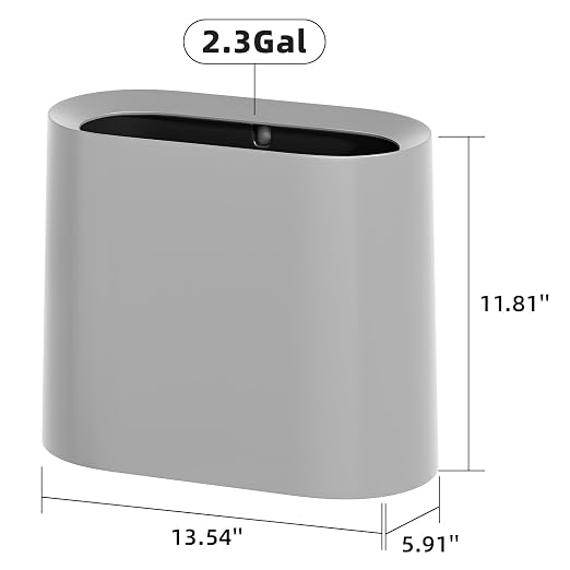 SUBEKYU 2.3 Gal Trash Can for Bathroom,Small Office Garbage Can for Kitchen,Slim Rectangular Waste Bin,Plastic,Grey - Image 2